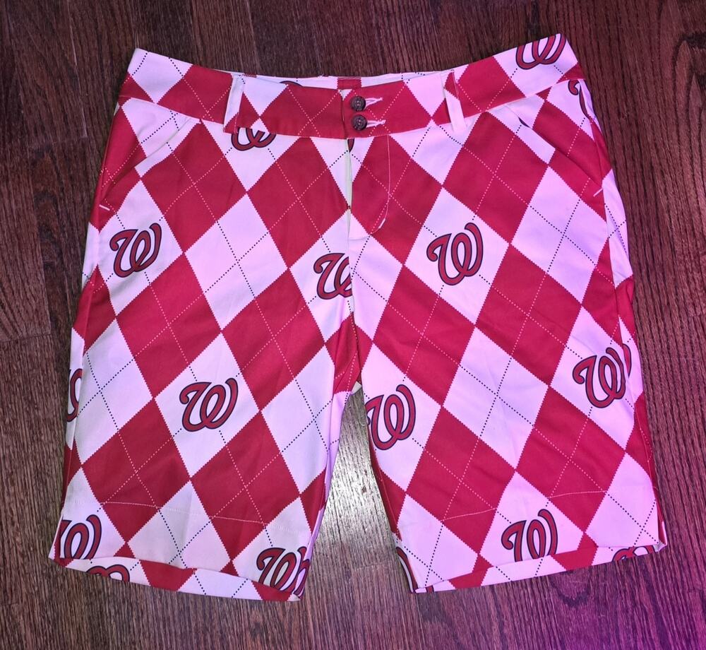 Loudmouth Ladies Washington Nationals Golf Shorts Size 8 MLB Argyle Red White